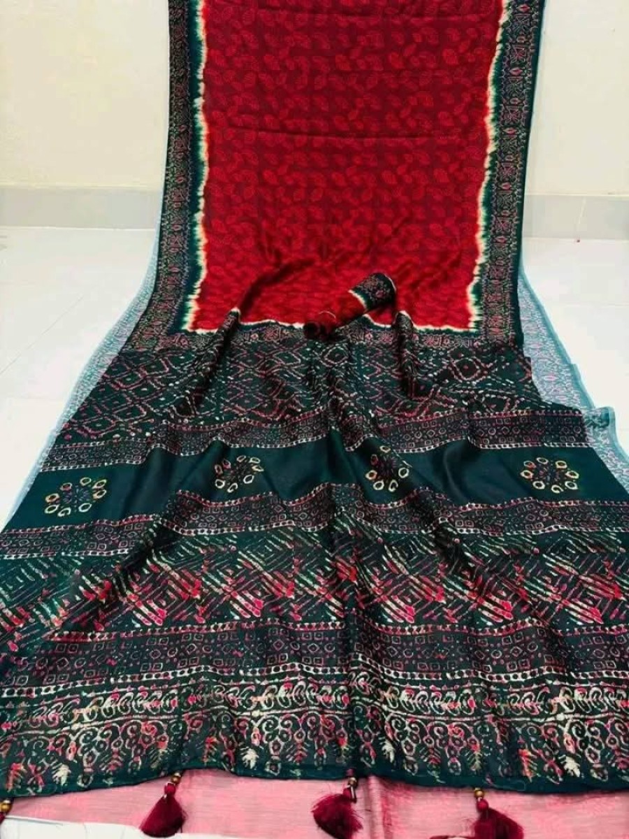 Semi Moslin Batik Saree(Deep crimson Red)