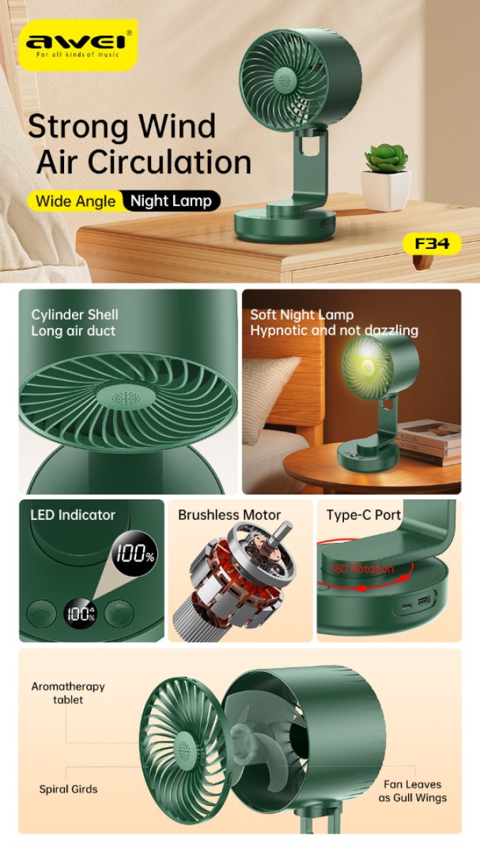 Awei F34 Strong Wind Air Circulation Wide Angle Night Lamp Fan 4000mAh