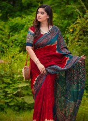 Semi Moslin Batik Saree(Deep crimson Red)